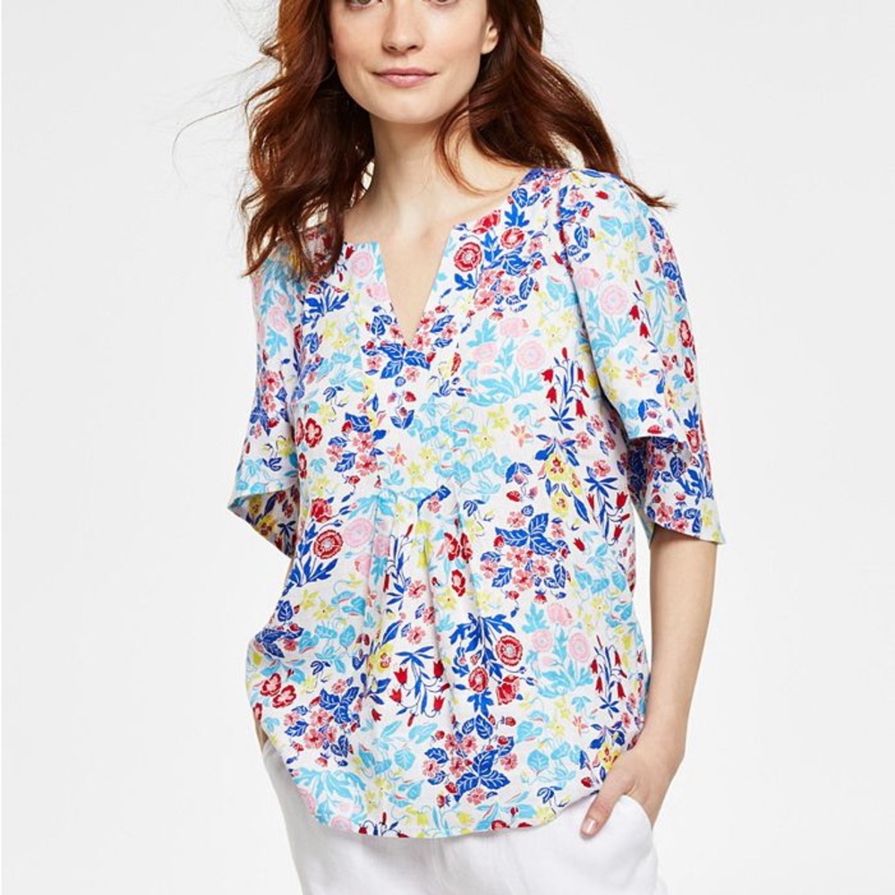 Charter Club Women's Linen Woven Split-Neck Blouse Size S